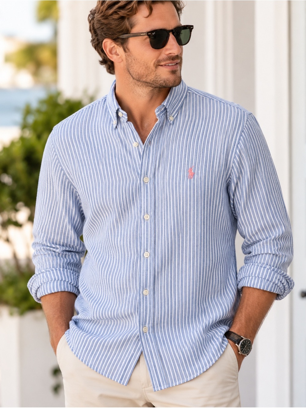 Ralph Lauren Mens L Oxford Shirt Blue White Stripe Pink Pony Button Down